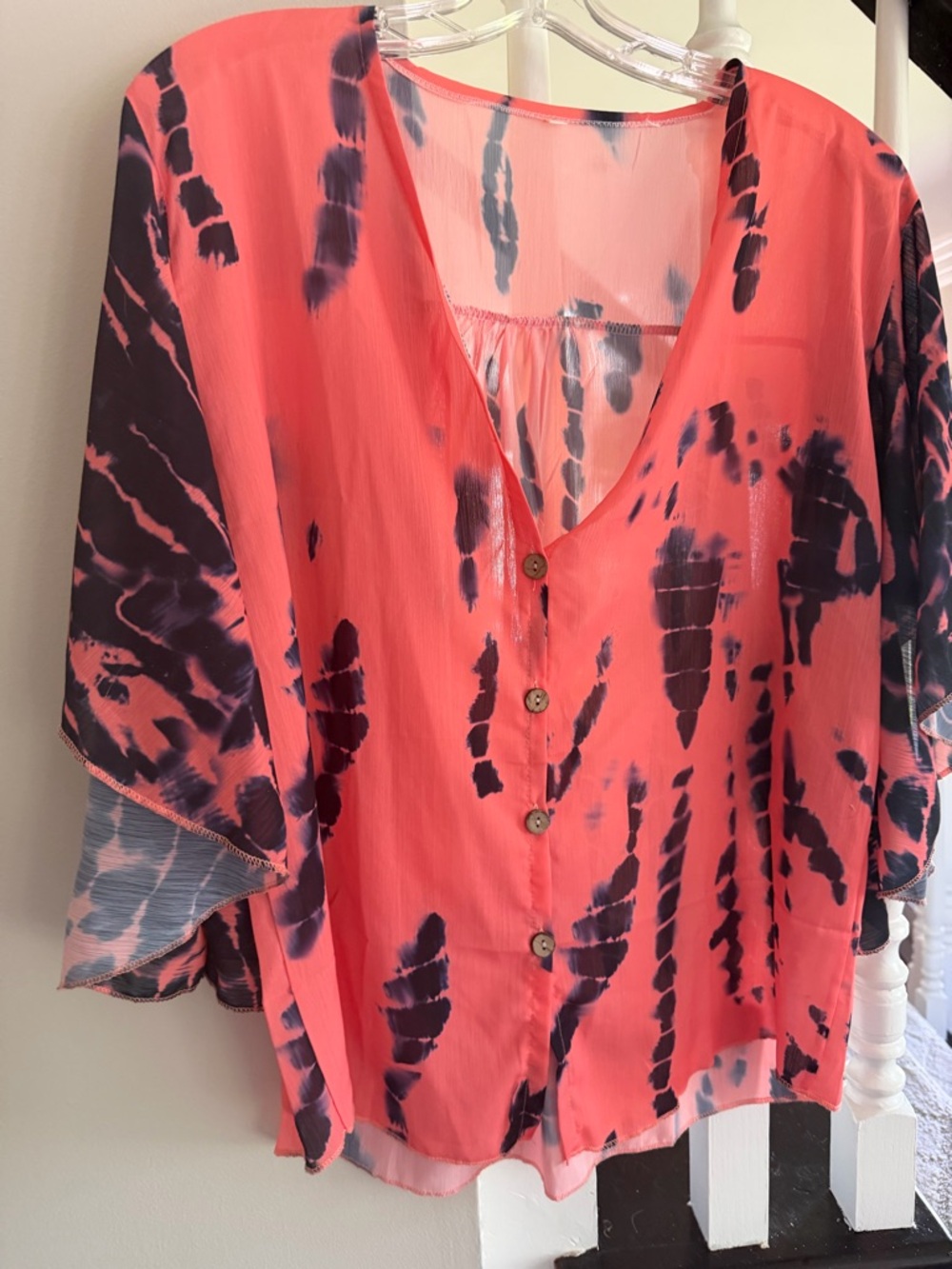 Women's Coral Tie-Dye Button Front Top